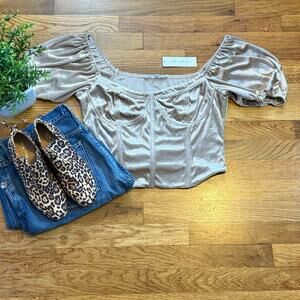All in Favor Womens XL Champagne Velvet Corset Style Puff Sleeve Crop Top